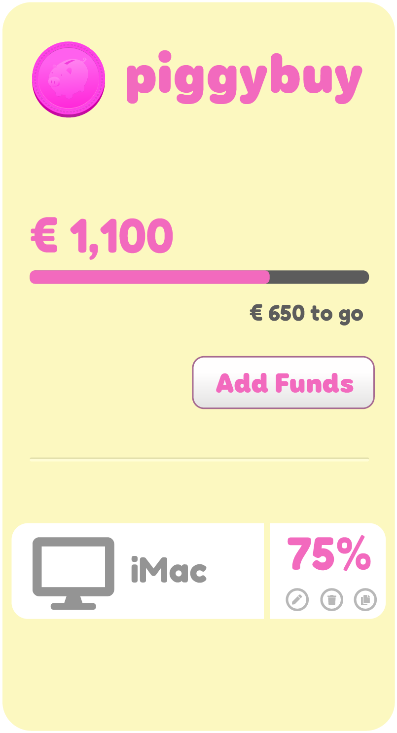 Example Piggy Buy Dedicated Page with Ammount Stored from Instalments and Suggested Buttons for Better Marketing at Buying Expensive products or services at B2C Eshops.
